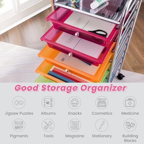 10-Drawer Rolling Storage Cart, Trolley w/Lockable 360° Wheels, 10 Removable PP Drawers, Sturdy Metal Frame, Rolling Utility Cart Perfect for Home, Office, Classroom (Rainbow) - Image 4