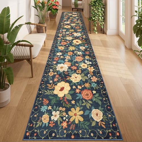 DUKINO 2.6x14 Washable Runner Rug, Floral Non Slip Runner Rug, Navy Blue by DUKINO