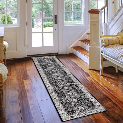 Hallway 2x8 Washable Runner Rug: Oriental Stain Resistant Kitchen Entryway Rugs Farmhouse Ultra Soft Bathroom Bedroom Print Floor Mat Thin Non Slip Indoor Carpet for Living Room Laudry(2x8,Black) by HYHAOYUNLAI