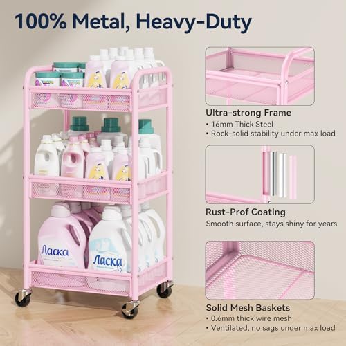 YASONIC 3 Tier Metal Rolling Cart, Pink Utility Storage Cart with Wheels - Image 2
