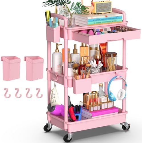 Goovilla 3 Tier Rolling Utility Cart Organizer with Removable Drawer, Pink by Goovilla