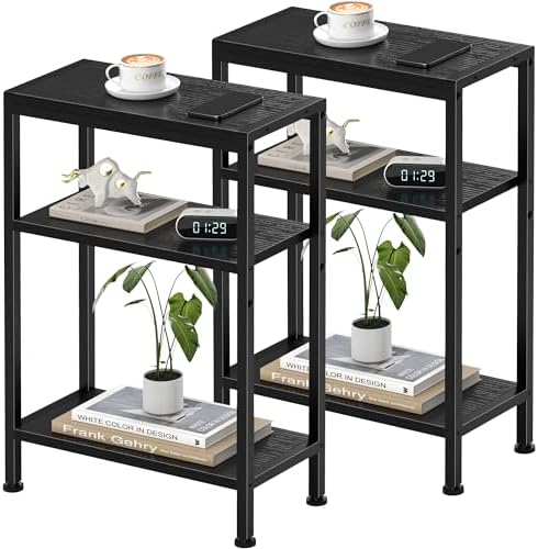 Narrow Side Table Set of 2 for Small Space, 3 Tier Slim End Table, Thin Nightstand, Skinny Snack Couch Table, Sofa Bedside Table in Living Room, Bedroom, Study, Kitchen and Balcony (Black) by HOME