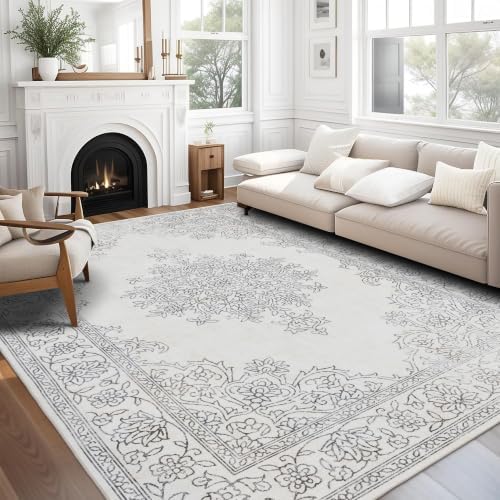 ReaLife Rugs Machine Washable Area Rug Runner - Living Room Bedroom Bathroom Kitchen Entryway Office - Padded Low Pile Stain Resistant Premium - Boho Farmhouse Vintage - Paige - Ivory 3' x 5' by ReaLifeRugs
