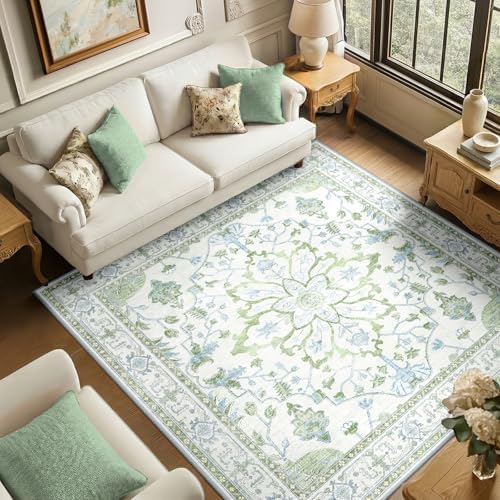 RELEANY Washable Area Rug, Square 6'x6', Green/White/Blue by RELEANY