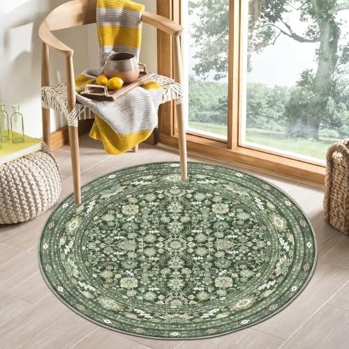 OPPODREAM Vintage Dark Green Area Rugs 4' Round, Washable Rug for Living Room by OPPODREAM