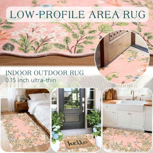Front Door Mat Outside Entrance, 28"x43" Pink Floral Scalloped Rug - Image 5
