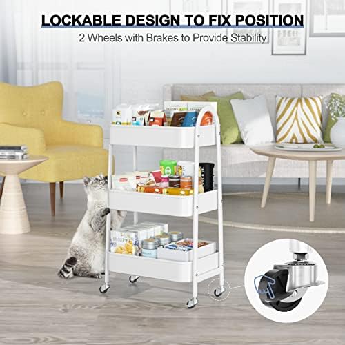 EAGMAK 3 Tier Utility Rolling Cart, Metal Storage Cart with Handle and Lockable Wheels, Multifunctional Storage Organizer Trolley with Mesh Baskets for Kitchen, Living Room, Office, Garage (White) - Image 4