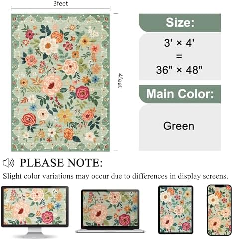 DUKINO 3x4 Area Rug, Floral Washable Rug for Kitchen Non Slip, Green - Image 2