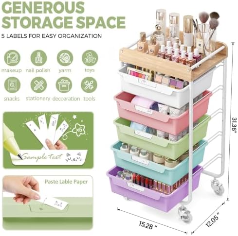 SYKIARIOL Utility Cart with 5 Labeling Drawers and Wooden Tabletop - Image 2
