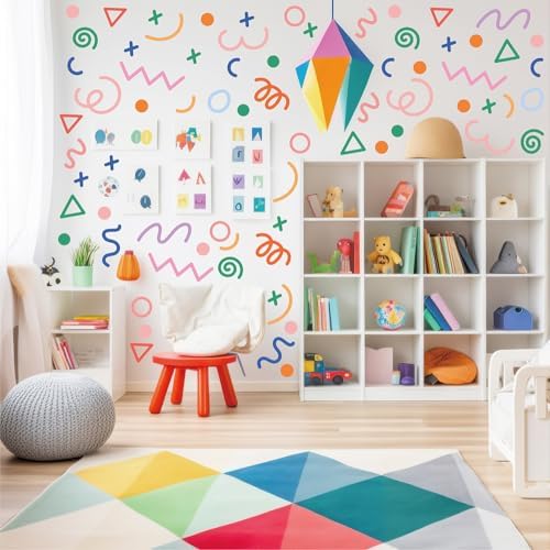 200 PCS Peel & Stick Removable Colorful Abstract Geometric Wall Decals | 10 Sheets Vinyl Wall Stickers in Mixed Size Shapes (1.8–5.7 in) for Nursery, Kids Room, Bedroom, Playroom & Home Decor by Qaxrocyn