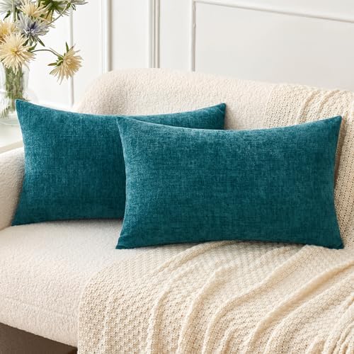 MIULEE Soft Chenille Lumbar Throw Pillow Covers Dark Teal 12x20 Pack of 2 by MIULEE