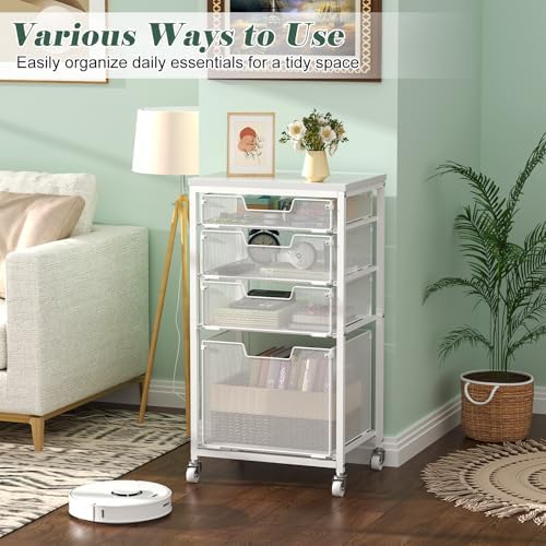 Sbanmao 4 Drawer Rolling File Cart with Wheels, Mobile Filing Cabinet for Home Office, Hanging File Organizer, Under Desk Storage, Multifunctional Utility Cart Printer Stand, White - Image 2