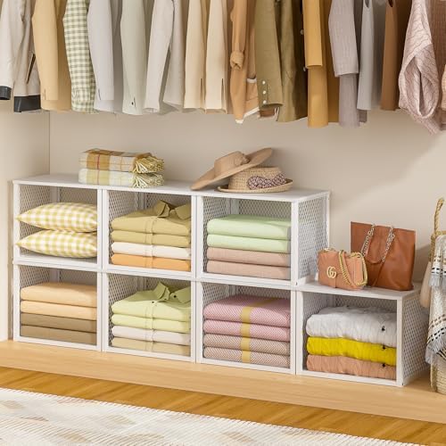 3 Pack Stackable Closet Organizers and Storage Basket, Closet Shelves with Wood Top Extra Storage, Multifunctional Clothes Organizer Bins/Cube Storage Drawer for Wardrobe Kitchen Laundry Room, White - Image 4