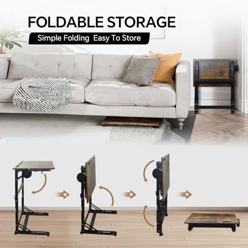 No Assembly Folding TV Tray Table C-Shaped Couch End Table with Cup Holder & Device Slots, Extra Wide Portable Laptop Desk for Eating, Working, Bed, Sofa, Rustic Wood - Image 4
