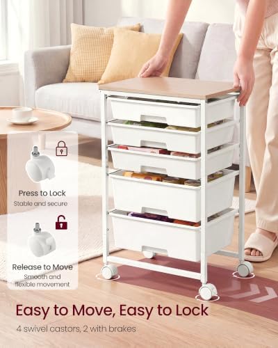 VASAGLE Rolling Cart with Drawers,5 Drawers Storage Cart, White - Image 5