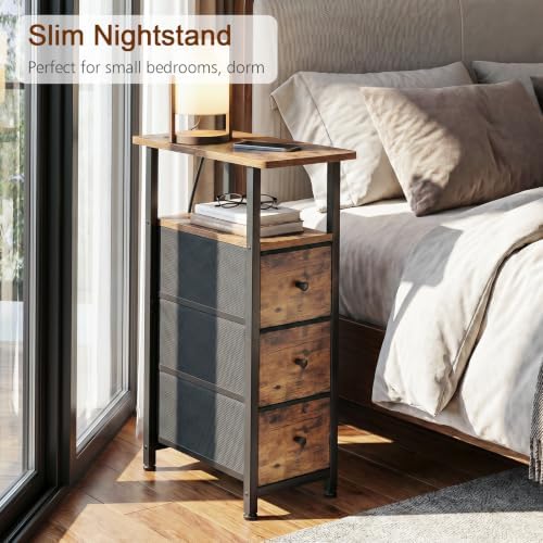 LOAKEKEL Narrow End Table with Charging Station, Small Nightstand - Image 6