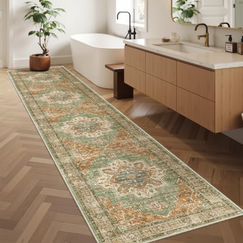 Madane Runner Rug 2x10 for Hallway, Washable Rug Runner, Brick/Brown/Green - Image 3