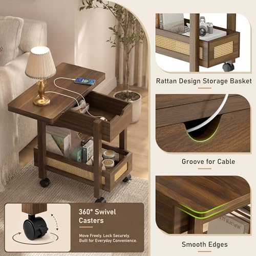 YOSHOOT Narrow End Table with Charging Station, Small Bedside Table - Image 6