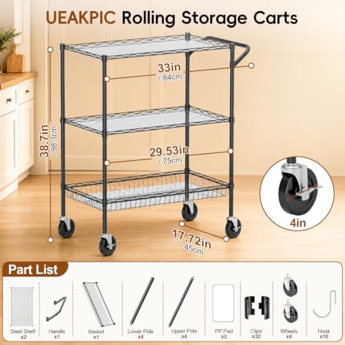 3-Tier Kitchen Storage Cart with Wheels, Rolling Utility Cart - Image 2