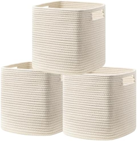 UBBCARE Set of 3 Cotton Rope Basket 13 X 13 X 13 Inches, Woven Storage Baskets for Shelves, Organizing with Handles, Cube Storage Bins for Storage Books, Magazines, Beige by UBBCARE