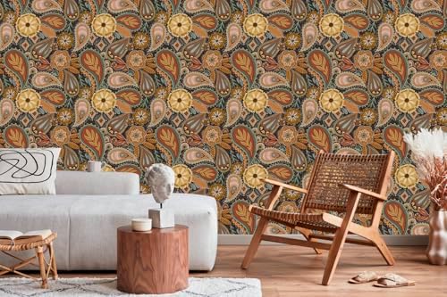 HAOKHOME Boho Peel and Stick Wallpaper Floral Paisley Brown/Yellow/Terracotta Renter Friendly Removable Wall Paper for Bedroom Decor 17.3in x 9.8ft - Image 2