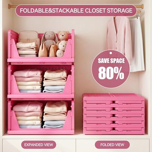 Pink Girl Closet Organizers and Storage Stackable Plastic Drawer Basket for Clothing Stackable Storage Bins Shelf Storage Container for RV Closet Wardrobe Bedroom Bathroom Playroom 6 Pack - Image 4