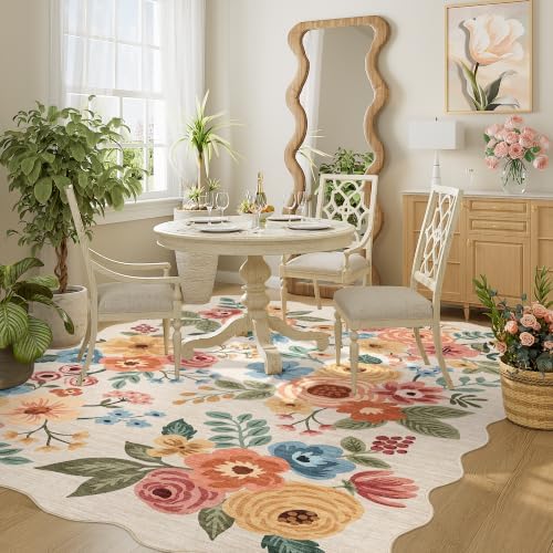 DUKINO 4x6 Area Rug, Non Slip Floral Washable Living Room Rug, Beige Yellow - Image 5