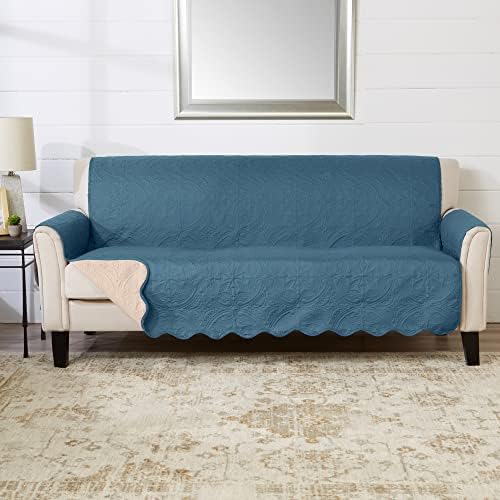 Great Bay Home Reversible Sofa Cover - Washable Slipcover Furniture Protector with Elastic Straps - Perfect for Kids & Pets - Quilted & Stitched Detail (Smoke Blue/Ivory) by GreatBayHome