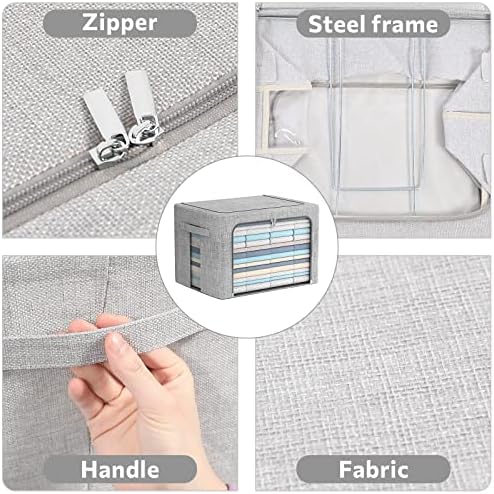 FHSQX 2 Pack Clothes Storage Bins Stackable Metal Frame Storage Box Foldable Linen Fabric Organizer with Carrying Handles and Clear Window (Light Gray, 15.7x 11.8x 7.8Inch) - Image 3