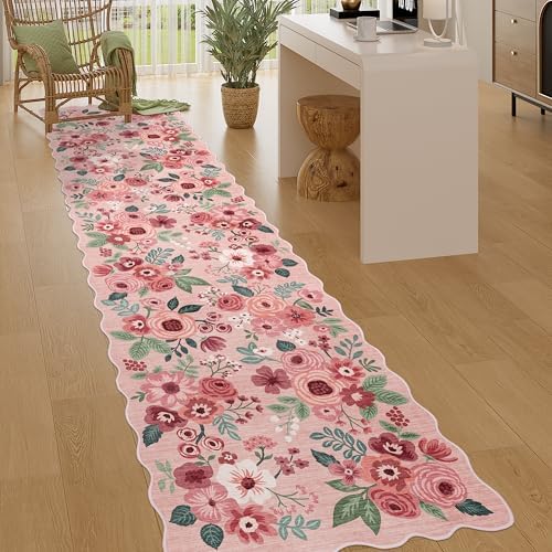 DUKINO 2.6x10 Runner Rug for Hallway, Floral Washable Rug Non Slip, Pink by DUKINO