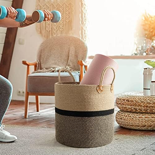 CHICVITA Large Wicker Storage Basket with Leather Handles, 16" x 16", Black - Image 6