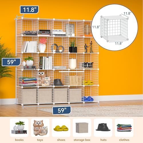 Cube Storage Organizer, Metal 25-Cube Shelves Bookshelf, Portable Closet Clothes Organizer for Bedroom, Home, Office, White - Image 3