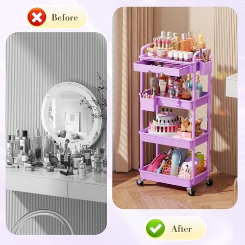 SUNALLY Makeup Cart Organizer with Drawer,4 Tier Rolling Makeup Cart,Purple - Image 5