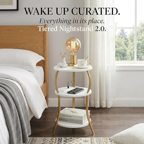 Small Round Side Table with Charging Station, 3-Tier Waist Circular End Table with Storage Shelf, Compact Tea Sofa Side Table Small Spaces, Round Corner Coffee Table for Living Room Bedroon,White+Gold - Image 3