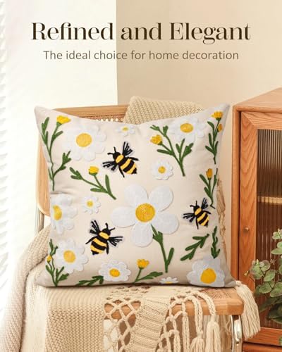 Embroidered Throw Pillow Cover 18x18 Inch, Flower Bee - Image 5
