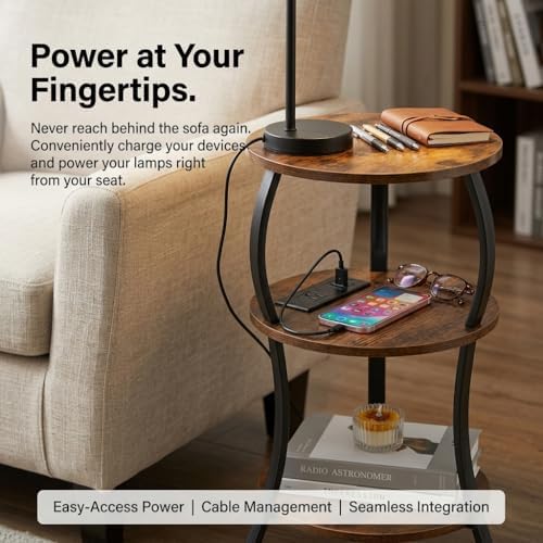 YEAKOO Small Side Table with Charging Station,3-Tier Round end Table - Image 6