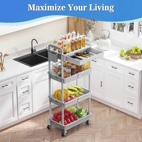 SUNALLY 4 Tier Rolling Cart with Drawer, Craft Storage Cart Organizer, Gray - Image 6
