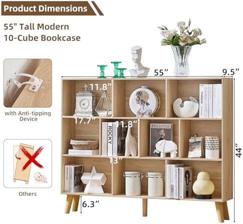 LEYAOYAO 10 Cube Bookshelf,Mid-Century Modern Bookcase with Legs,Light Wood - Image 2