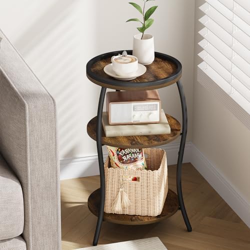 YINMIT 3 Tier Small Round Side Table, Brown Compact End Table with Tray Top - Image 2