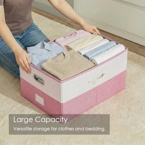 PRANDOM Storage Bins with Lids [3-Pack] Linen Fabric Foldable Storage Boxes Organizer Containers Baskets Cube with Cover for Bedroom Closet Office White&Pink (23.4X15.9X11.4) - Image 2