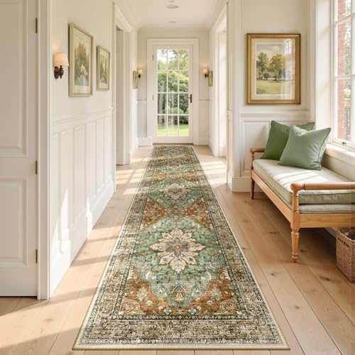 RELEANY Washable Area Rug, Runner 2'6"x12', Brick/Brown/Green by RELEANY