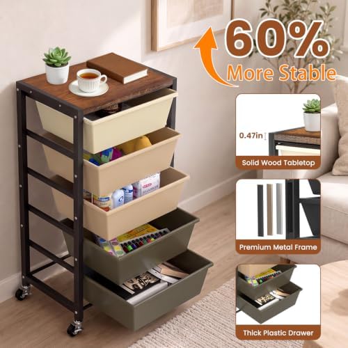 Rolling Cart with 5 Drawers, Plastic Drawer Storage Carts with Wheels & Wooden Tabletop, Metal Utility Cart for Office Bedroom Living Room Classroom, Craft Organization and Storage, Brown - Image 5