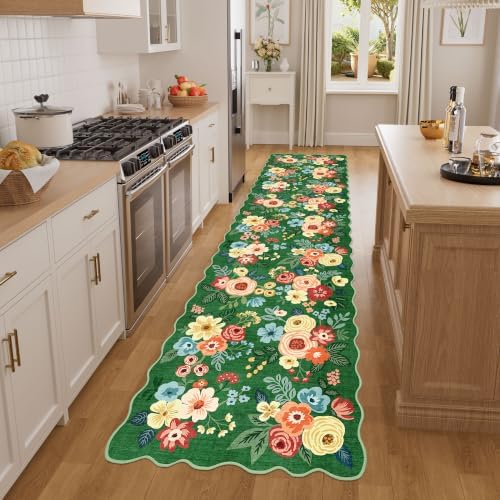 DUKINO 2.6x8 Runner Rug, Floral Washable Kitchens Rug Non Slip, Dark Green - Image 3