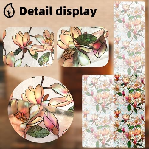 Retro Flowers Window Privacy Film, Magnolia Stained Glass Decorative Window Film for Glass, Rainbow Stained Window Cling Sticker Floral Removable Static Cling for Window (1, Magnolia, 17x78.7in) - Image 6