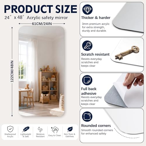Marsui 1 Pcs 24 x 48 Inch Acrylic Safety Mirror Outdoor Shatterproof Self Adhesive Unbreakable Plastic Mirror with Rounded Corners and Full Adhesive Backing for Rvs Classroom Bedroom Bathroom - Image 3