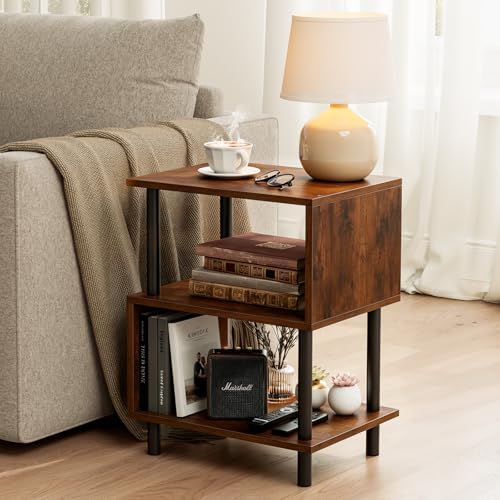 Frylr Side Table, Night Stand and End Table with Reinforced Metal Frame, 44 lb Capacity on Each Tier and Leveling Feet for Bedroom, Bedside, Living Room and Small Spaces, Rustic Brown by Frylr