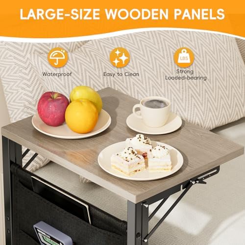 Folding TV Tray Table, 28.8" Tall C-Shaped Side Table for Couch and Bed, Slide Under Sofa Side Desk with Storage Bag - Sturdy Metal Frame Tray for Living Room, Bedroom, Home & Office (Oak Gray) - Image 5