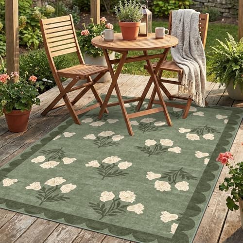 4x6 Covered Outdoor Patio Rug - Green Washable Front Porch Entry Rug Non-Slip Door Mat Indoor Outside Entrance Vintage Floral Scalloped Area Rug for Living Room Entryway Backyard Porch Decor by Othilic
