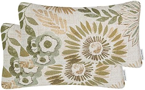 Mika Home Pack of 2 Decorative Oblong Rectangular Throw Pillow Cover Cushion Cases for Chair,Sunflower Pattern,12x20 Inches, Green Cream by MikaHome