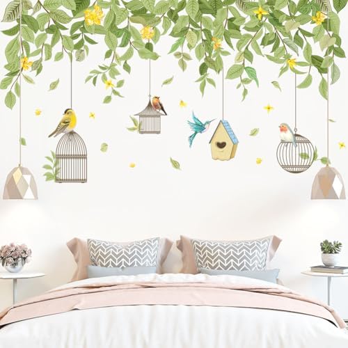 Hanging Green Vine Wall Decals,Succulent Plants Wisteria Floral Flowers Butterflies Birds Wall Stickers, Self-Adhesive Vinyl Removable Living Room Sofa TV Wall Decor - Image 5
